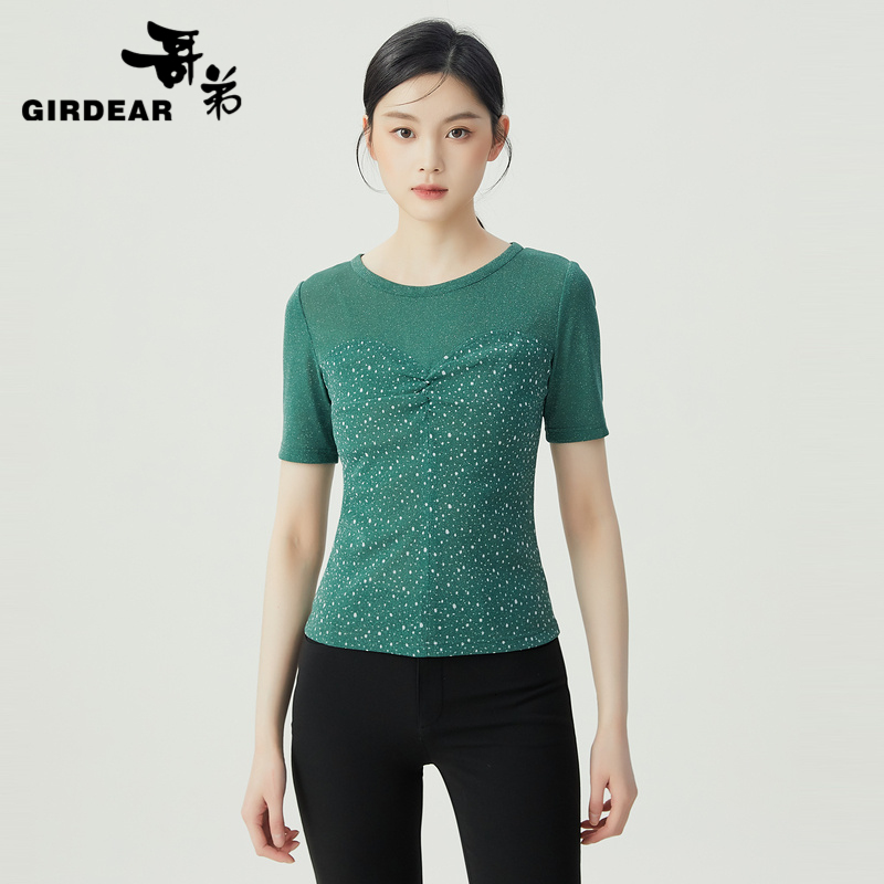 哥弟  精致双拼面料设计感短袖套头衫1300906