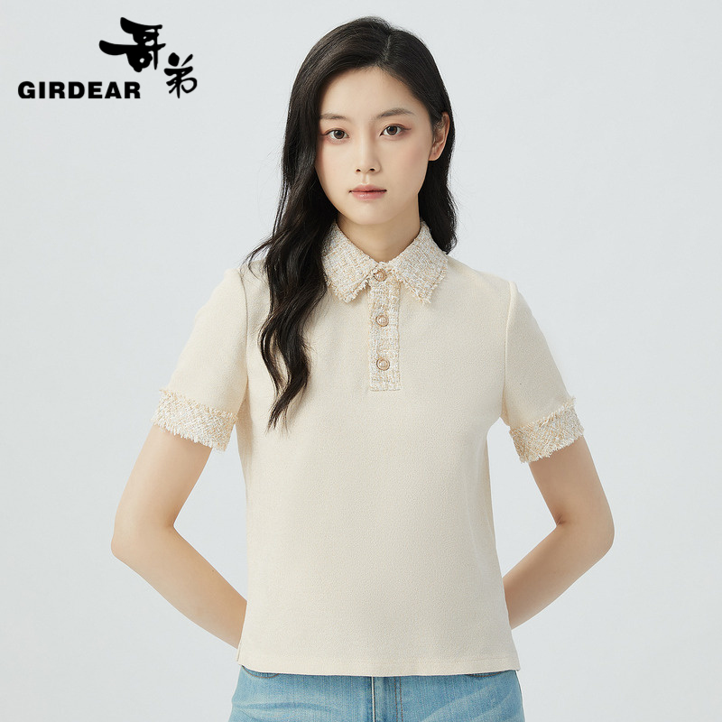 哥弟  精致粗花呢拼接小香短袖Polo1300924