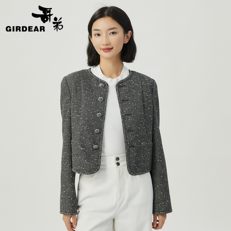 哥弟  圆领短款千金风毛边设计小香外套1400718