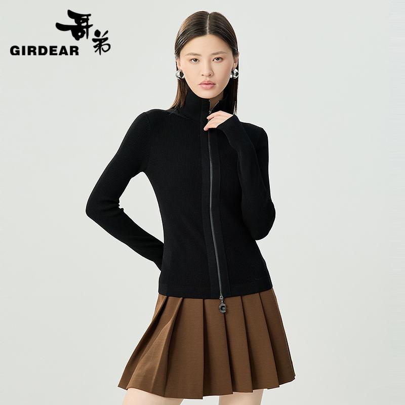 哥弟  百搭竖坑条双头拉链高领长袖针织衫148019