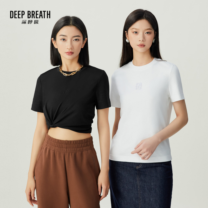 DEEP BREATH深呼吸女装 经典圆领烫钻T恤简约字母休闲短袖A301442