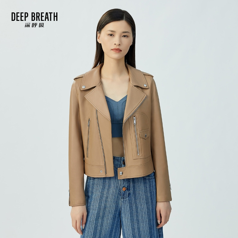 DEEP BREATH深呼吸女装 翻领真皮机车皮衣外套A400158-1