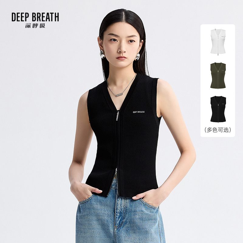 DEEP BREATH深呼吸女装 夏季新款V领拉链造型无袖坑条针织背心A401447