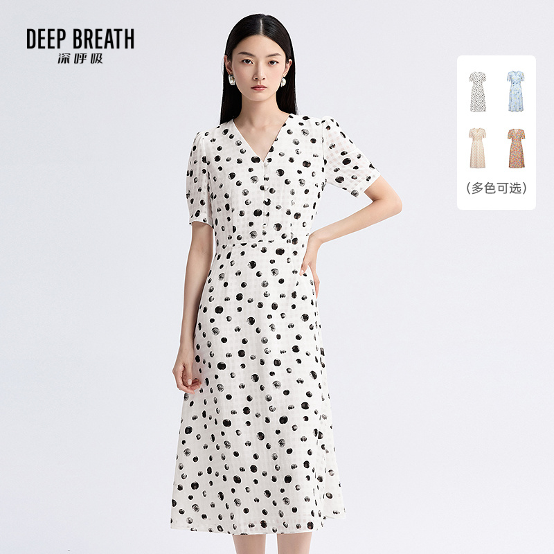 DEEP BREATH深呼吸女装 碎花V领泡泡袖长款碎花连衣裙A500197