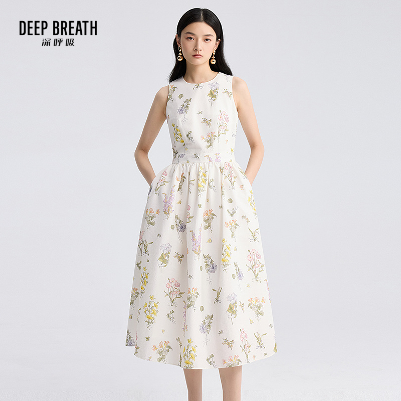 DEEP BREATH深呼吸女装 休闲圆领无袖背心印花连衣裙伞裙A500333