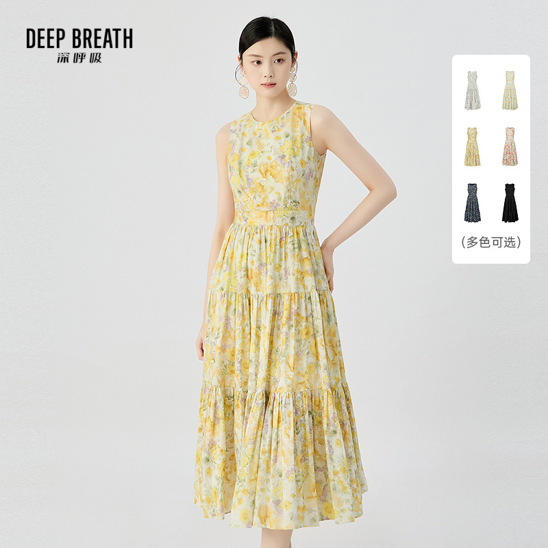 DEEP BREATH深呼吸女装 无袖收腰长裙印花背心蛋糕裙连衣裙A500458