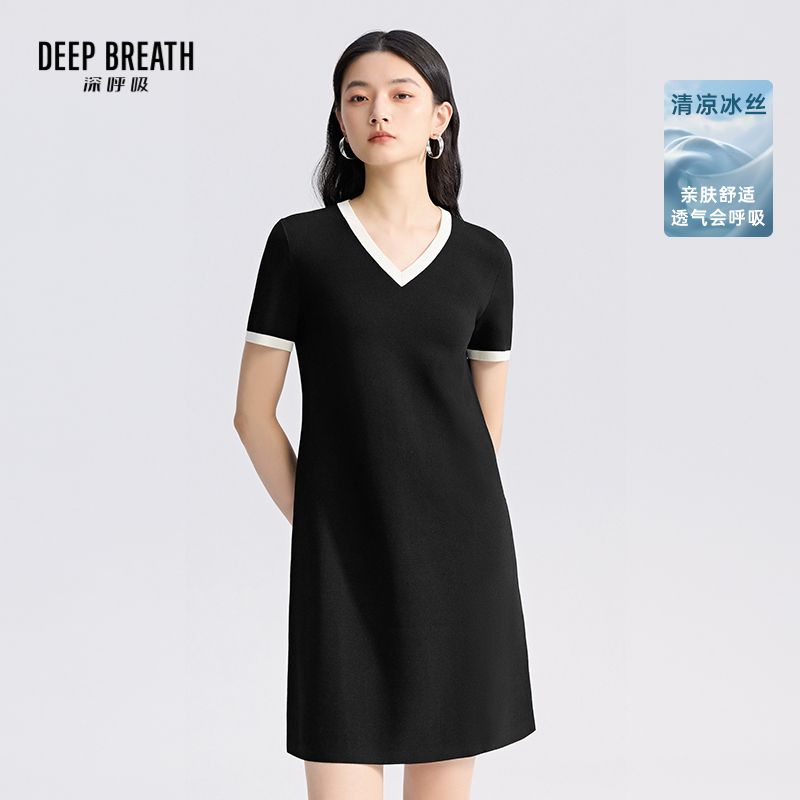 DEEP BREATH深呼吸女装 简约V领拼色A型针织洋装短袖连衣裙A500495