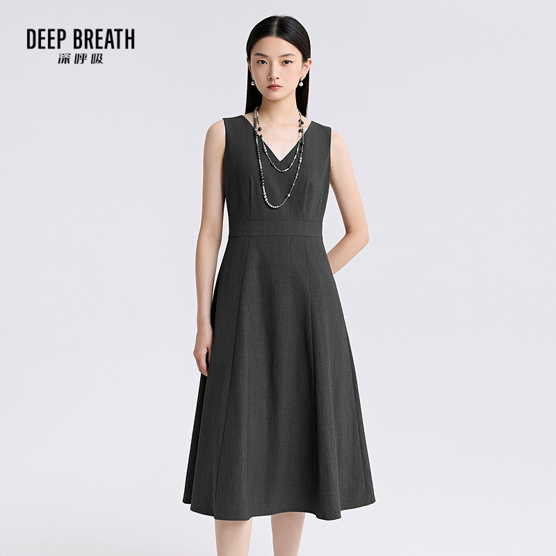 DEEP BREATH深呼吸女装 V领收腰伞裙通勤简约无袖连衣裙A500532