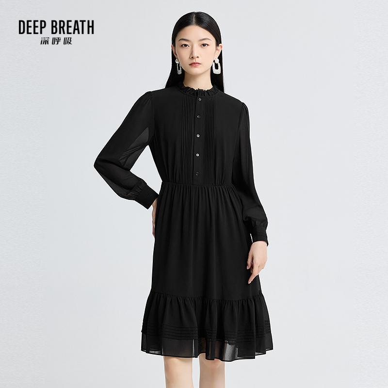 DEEP BREATH深呼吸女装 花边领长袖压褶衬衫式优雅连衣裙A500554