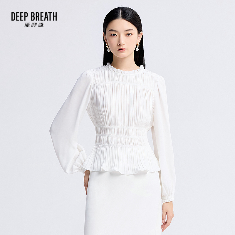 DEEP BREATH深呼吸女装 圆领花边压褶收腰泡泡长袖优雅衬衫上衣A301963