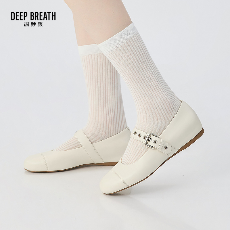 DEEP BREATH深呼吸女鞋 真皮圆头平底内增高皮带扣芭蕾舞鞋单鞋AX11164
