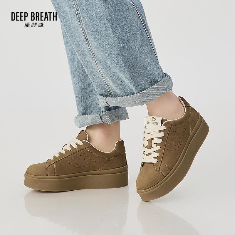 DEEP BREATH深呼吸女鞋 低帮绑带磨砂反绒牛皮厚底增高小白鞋休闲鞋板鞋厚底鞋AX12339