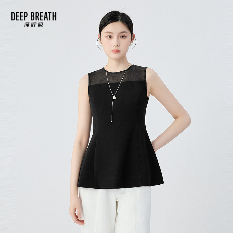 DEEP BREATH深呼吸女装 圆领欧根纱拼接收腰伞摆无袖背心衬衫A301769