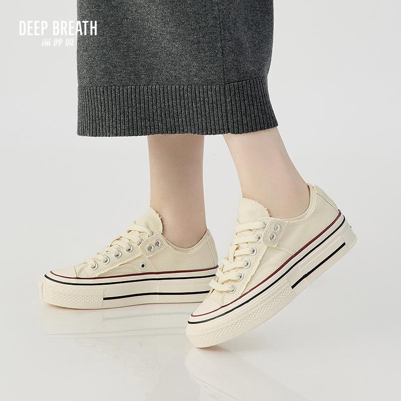 DEEP BREATH深呼吸女鞋 解构毛边做旧低帮绑带小白鞋帆布鞋休闲鞋板鞋AX12328