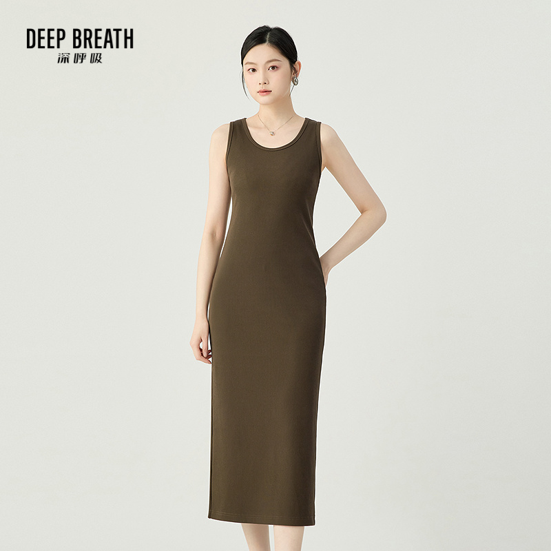 DEEP BREATH深呼吸女装 简约坑条无袖U领修身长款连衣裙A500544-A500485