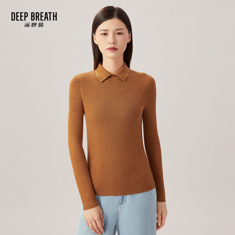 DEEP BREATH深呼吸女装 小翻领竖坑条羊毛针织衫上衣A301124