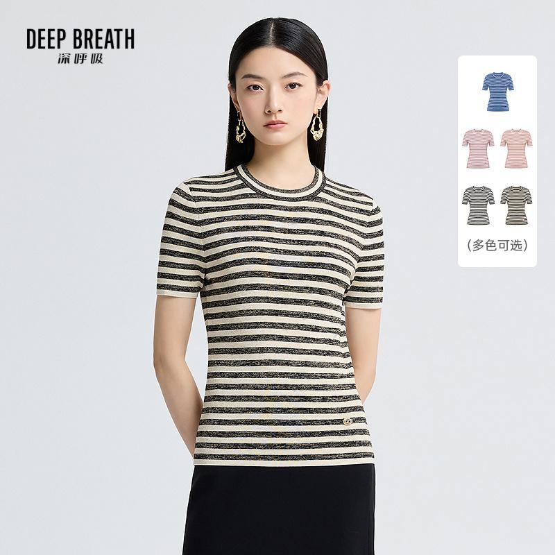 DEEP BREATH深呼吸女装  条纹金银丝针织衫圆领套头衫上衣A301230