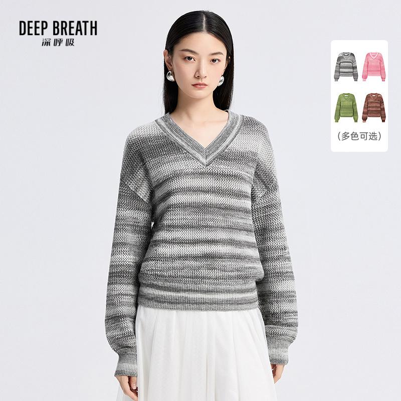DEEP BREATH深呼吸女装 新款V领段染花纱宽松水滴袖针织衫A302044