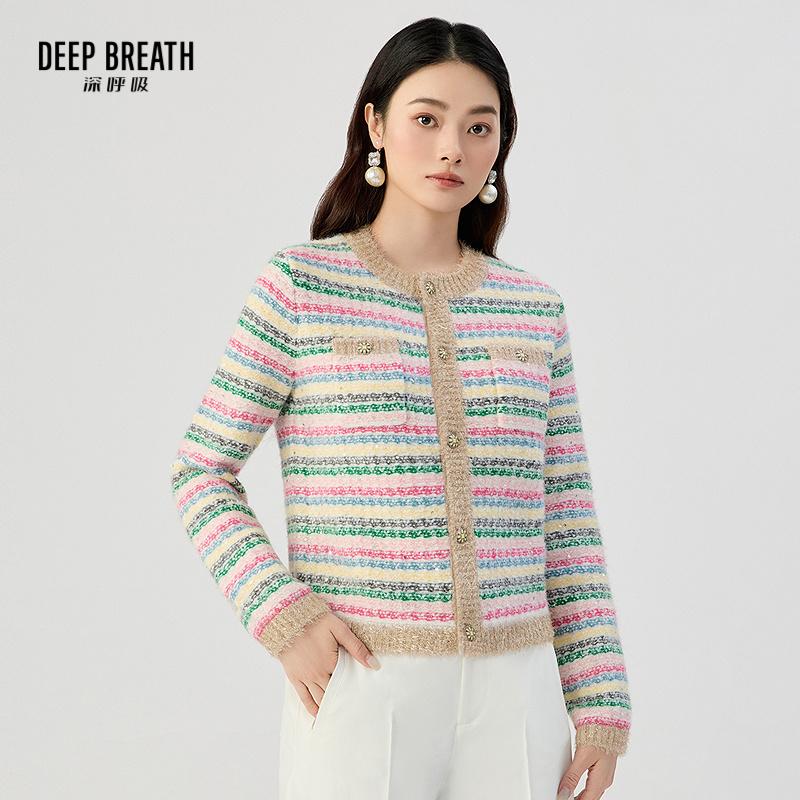 DEEP BREATH深呼吸女装 拼色条纹珠片金银丝小香风开衫A400982