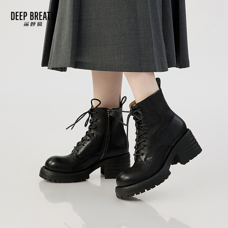 DEEP BREATH深呼吸女鞋 牛皮侧拉链绑带粗跟马丁靴短靴AX15243