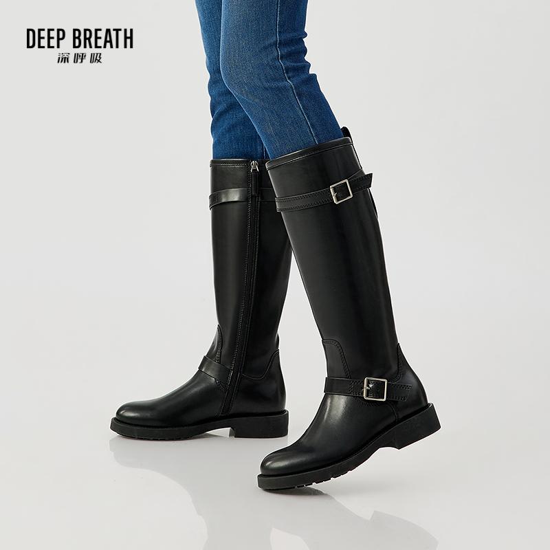 DEEP BREATH深呼吸女鞋 双扣牛皮平底侧拉链马靴长靴女靴AX15253