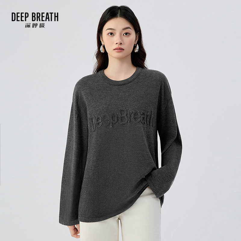 DEEP BREATH深呼吸女装 圆领简约手绣字母宽松长袖针织衫A301985