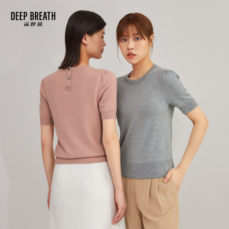 【纯羊绒】DEEP BREATH深呼吸女装 圆领泡泡袖葱纱短袖羊绒针织衫A300880