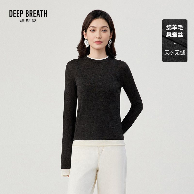 DEEP BREATH深呼吸女装 圆领假两件拼色卷边羊毛桑蚕丝针织衫A302380