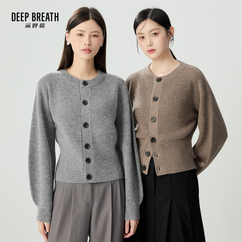 DEEP BREATH深呼吸女装 圆领水滴袖高罗纹羊毛针织开衫A401200