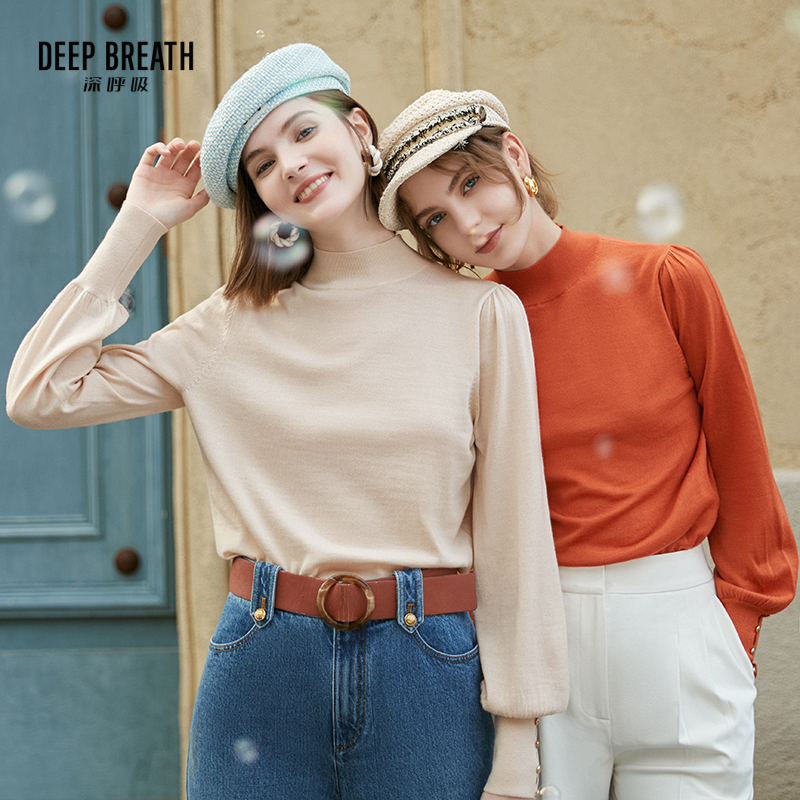 DEEP BREATH深呼吸女装 半高领金属扣羊毛衫泡泡袖针织衫A301328