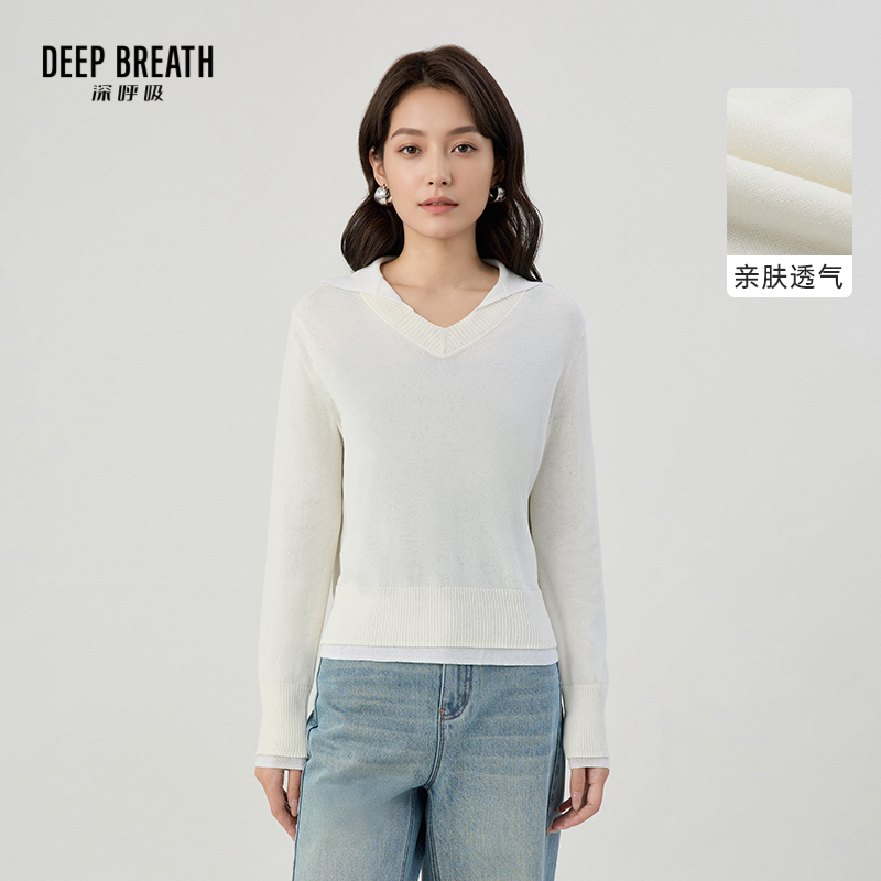 DEEP BREATH深呼吸女装 新款翻领假两件长袖针织衫套头上衣A302240