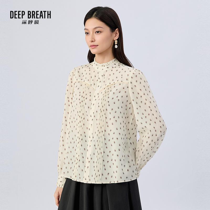DEEP BREATH深呼吸女装 木耳领长袖衬衫花边印花通勤上衣A302251