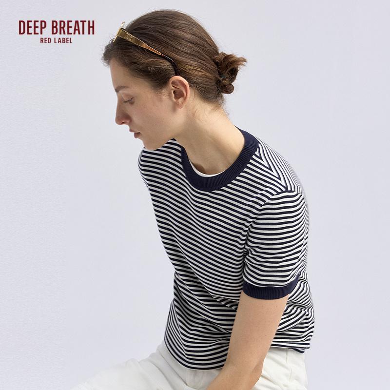 深呼吸红标【航海家】春款醋纤圆领合身针织条纹短袖T恤D38022