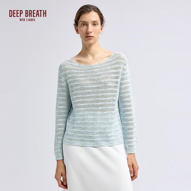 深呼吸红标【航海家】新款船领条纹镂空珠片落肩长袖针织衫D38029