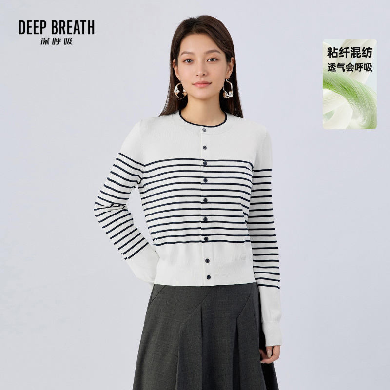 DEEP BREATH深呼吸女装 圆领撞色条纹纽扣简约休闲长袖针织开衫A401965