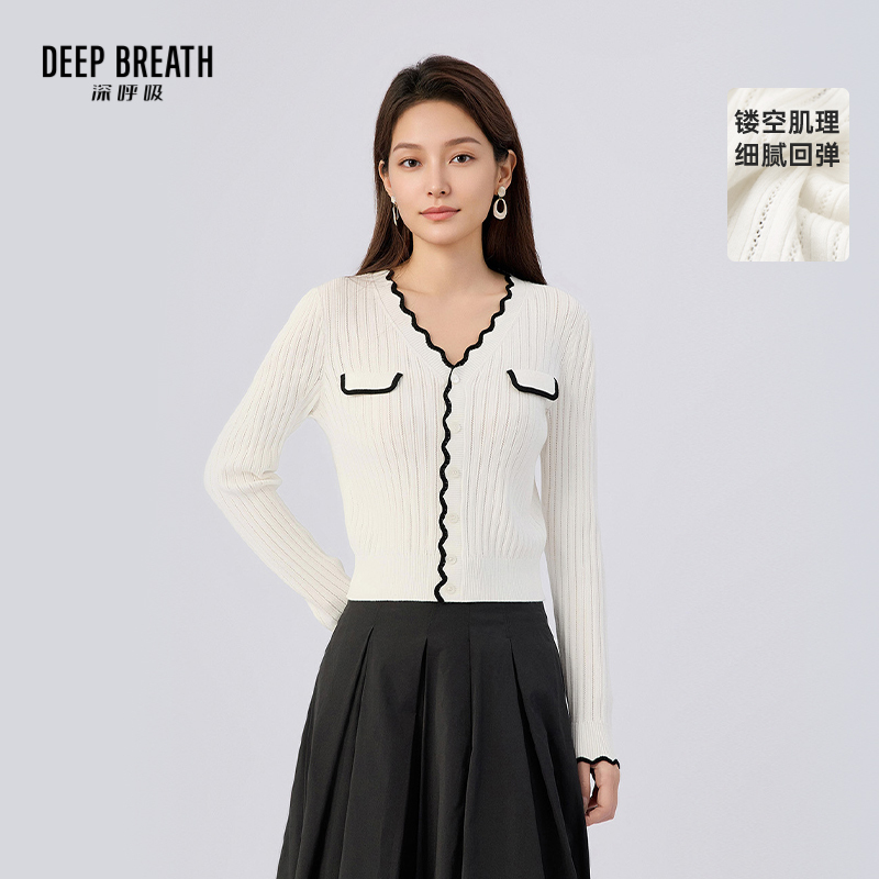DEEP BREATH深呼吸女装 V领波浪边挑孔蝴蝶结刺绣针织开衫A402178