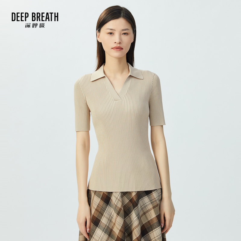 DEEP BREATH深呼吸女装 竖坑条V型翻领短袖针织衫A301004