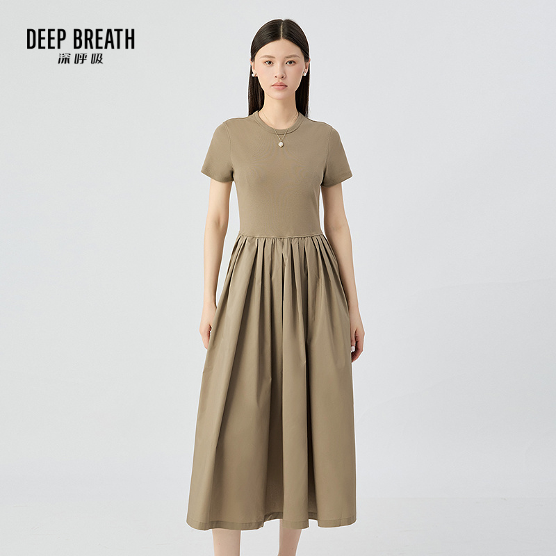 DEEP BREATH深呼吸女装 纯色圆领针拼梭收腰短袖连衣裙伞裙A500476-1