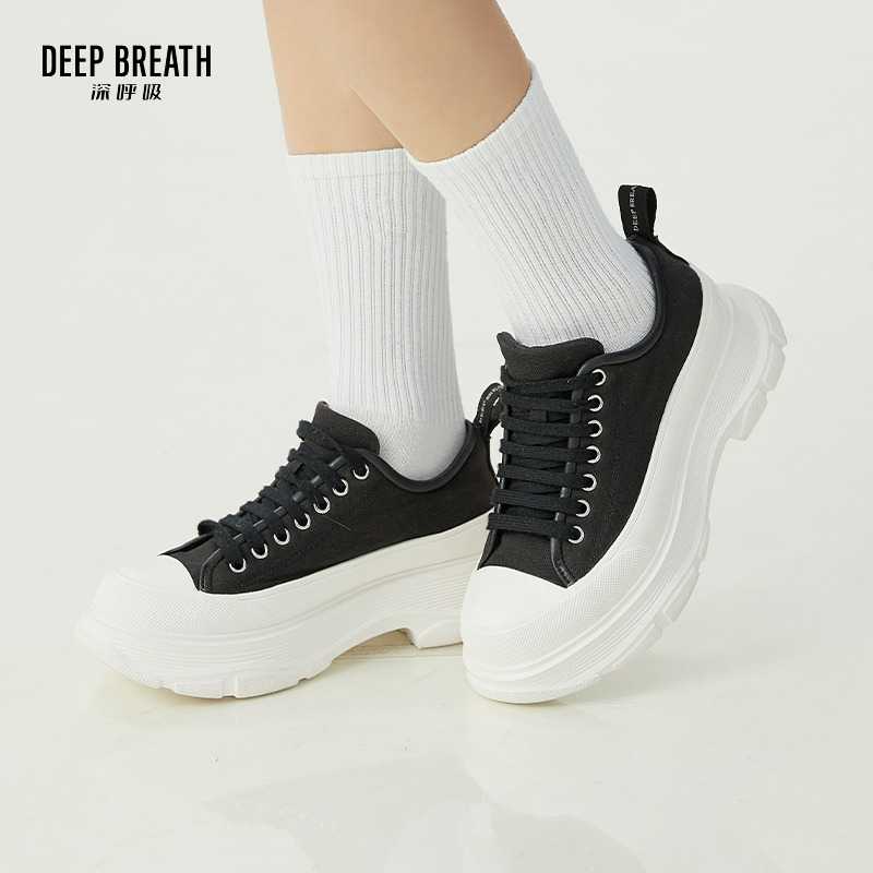 DEEP BREATH深呼吸女鞋 厚底帆布低帮绑带休闲鞋女帆布鞋AX12179