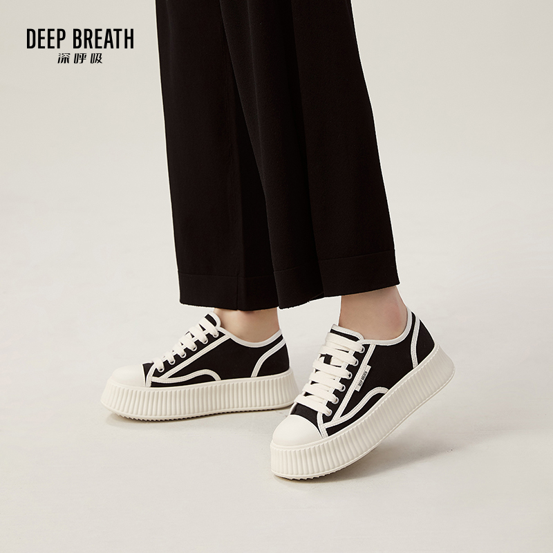 DEEP BREATH深呼吸女鞋 松糕帆布厚底绑带饼干鞋休闲小白鞋AX12226