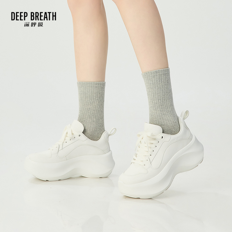DEEP BREATH深呼吸女鞋 牛皮厚底绑带低帮小白鞋增高简约百搭女鞋AX12297