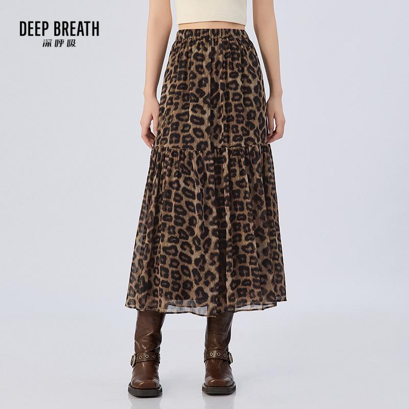 DEEP BREATH深呼吸女装 复古松紧腰豹纹造型感半身裙长裙A200472