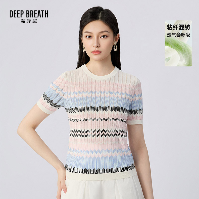 DEEP BREATH深呼吸女装 圆领简约拼色条纹休闲短袖针织衫A302301
