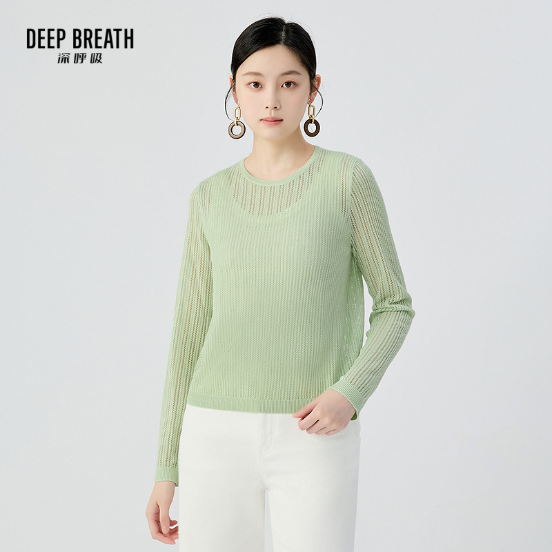 DEEP BREATH深呼吸女装 新款圆领竖条肌理镂空长袖针织罩衫A301859-1