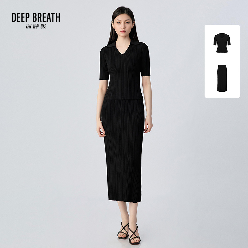 DEEP BREATH深呼吸女装 坑条针织衫松紧腰半身裙套装A301890-A200366