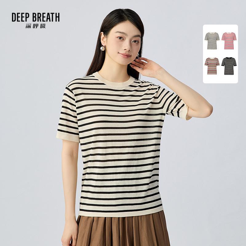 DEEP BREATH深呼吸女装 新款圆领拼色条纹简约短袖针织衫A302550