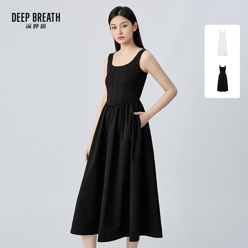 DEEP BREATH深呼吸女装 简约圆领背心梭织长裙吊带连衣裙小黑裙A500277-1