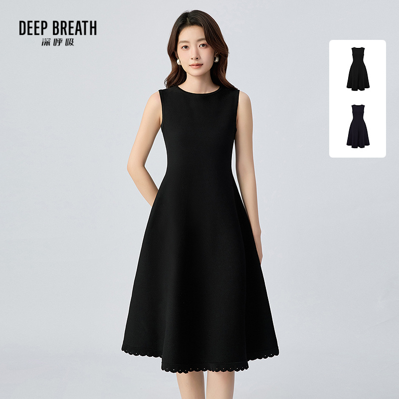 DEEP BREATH深呼吸女装 新款船领气质小黑裙无袖针织连衣裙伞裙A500592