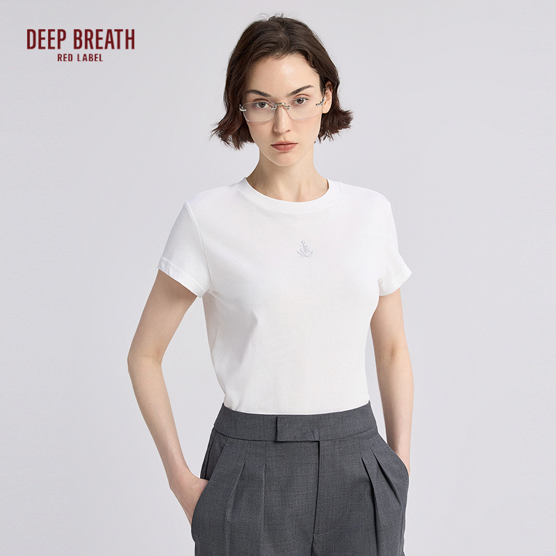 深呼吸红标【航海家】新款简约百搭素色圆领纯棉短袖T恤女D30007